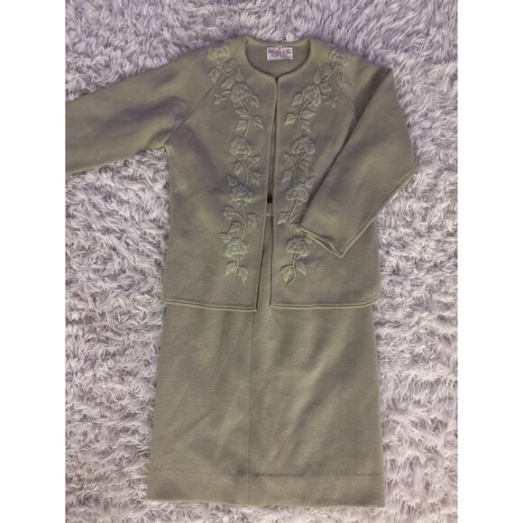 Charles & Co 100% Wool Embroidered Floral Green 2-Piece Skirt Suit Set Vintage - Picture 12 of 16